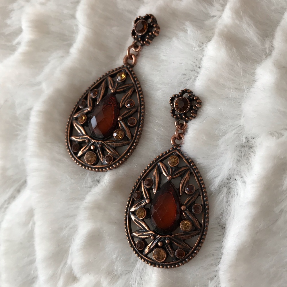 Jeweled boho drop earrings brown gold rhinestone